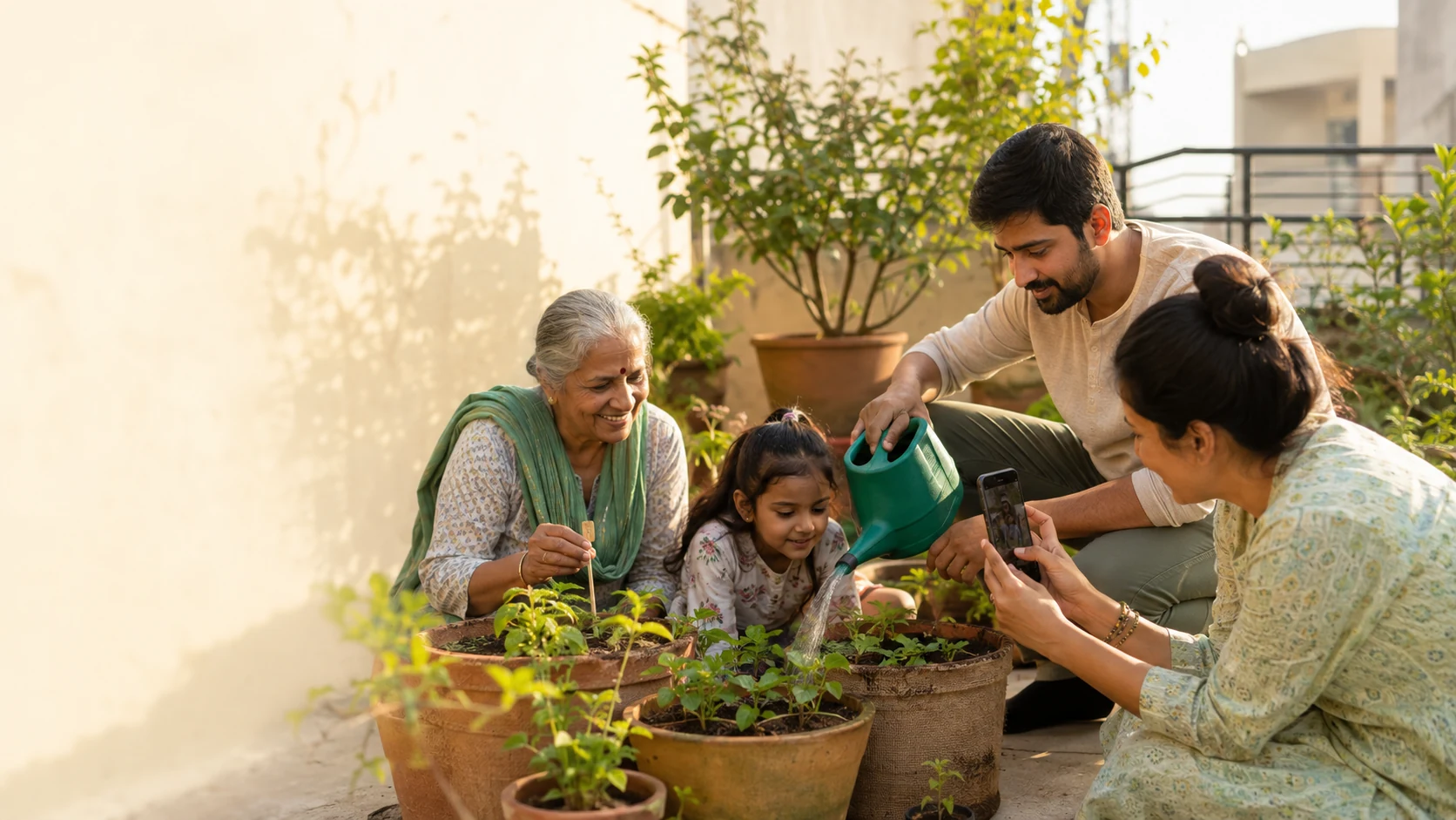 A family planting and watering seed balls together on a sunny terrace garden