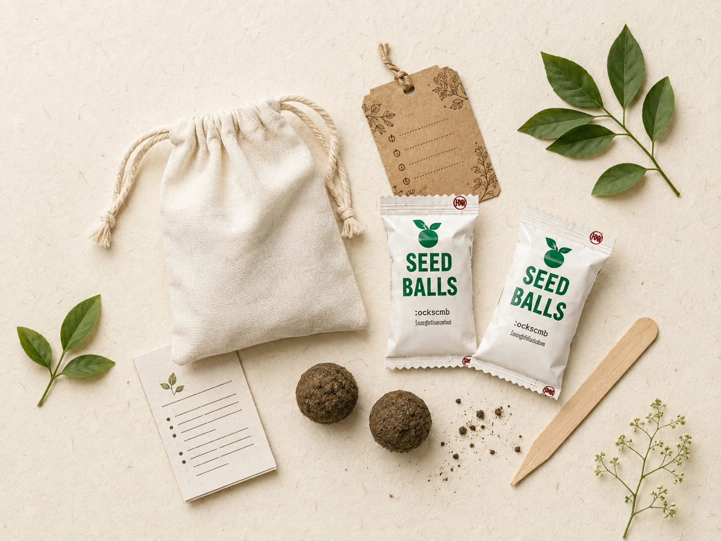 Flat lay of the green pouch contents: cloth drawstring pouch, two seed-ball packets, planting tag, guide card and seed balls