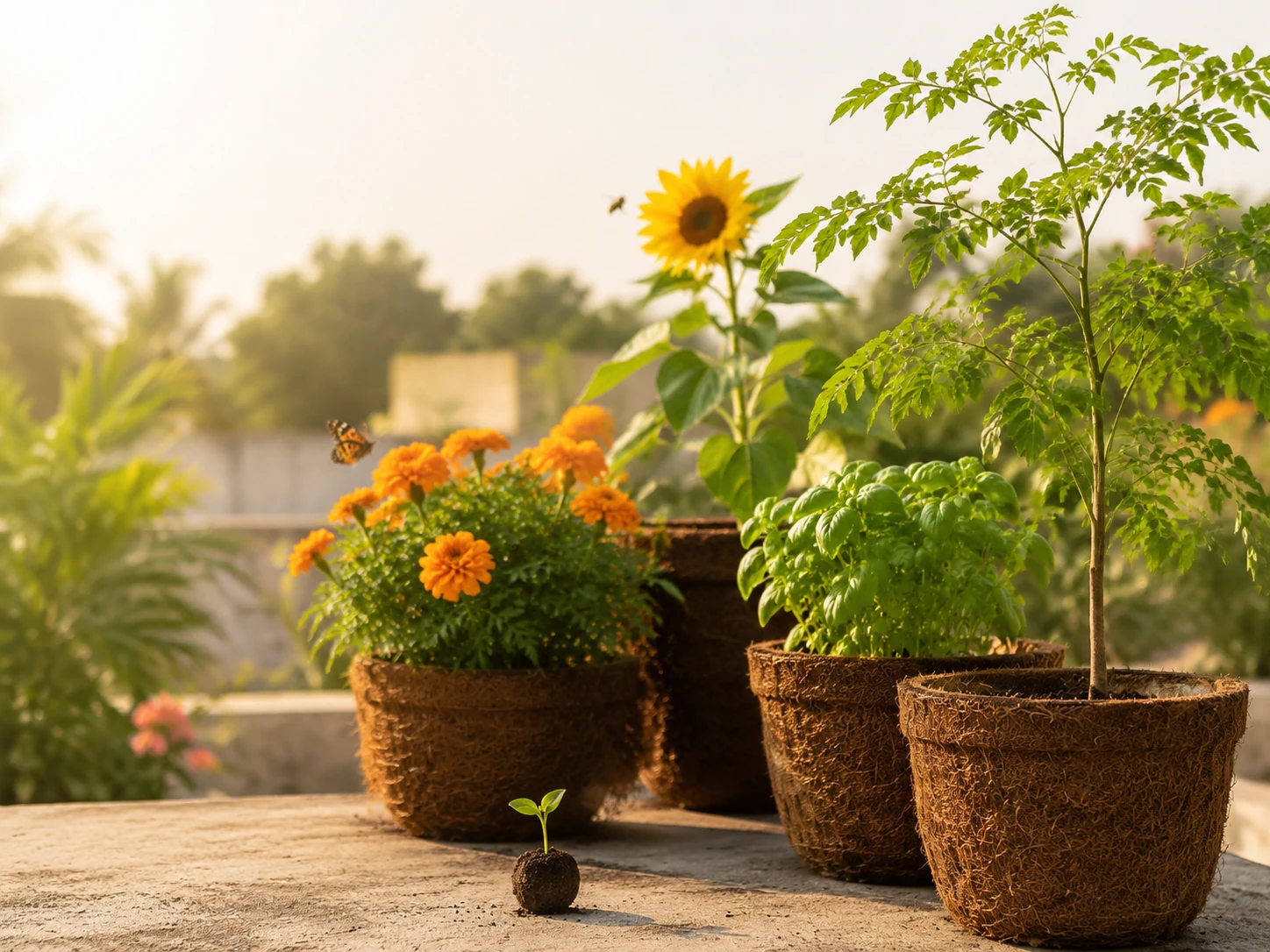 Marigold, sunflower, basil and moringa growing in coir pots beside a tiny seed ball — from a small seed ball to a living green space