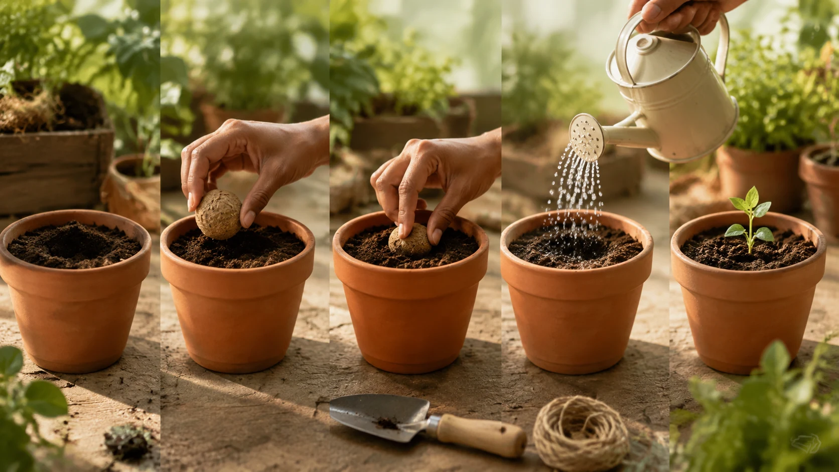 Five stages of planting a seed ball in a terracotta pot: empty pot, placing the ball, pressing it in, watering, and a sprouting seedling